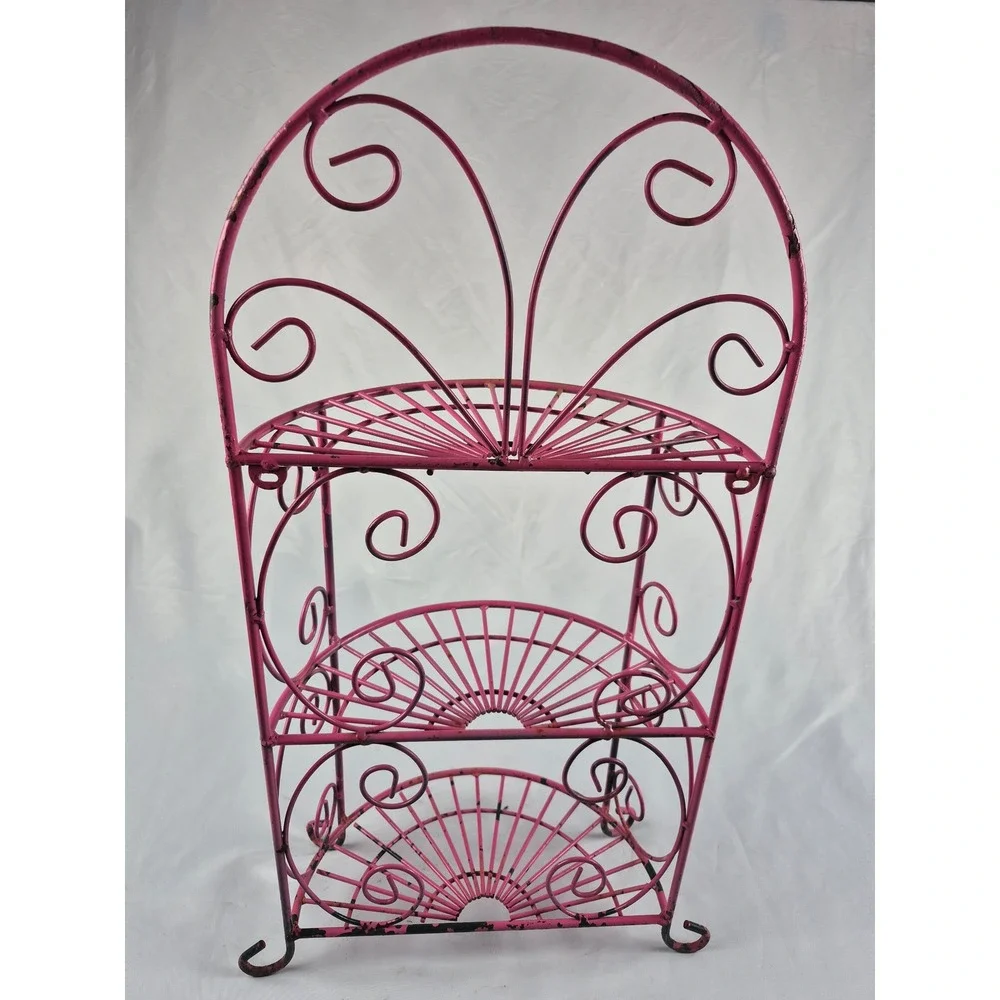 Vintage Pink Metal Wire 3 Tier Shelf Shabby Chic Scrollwork Organizer Rack